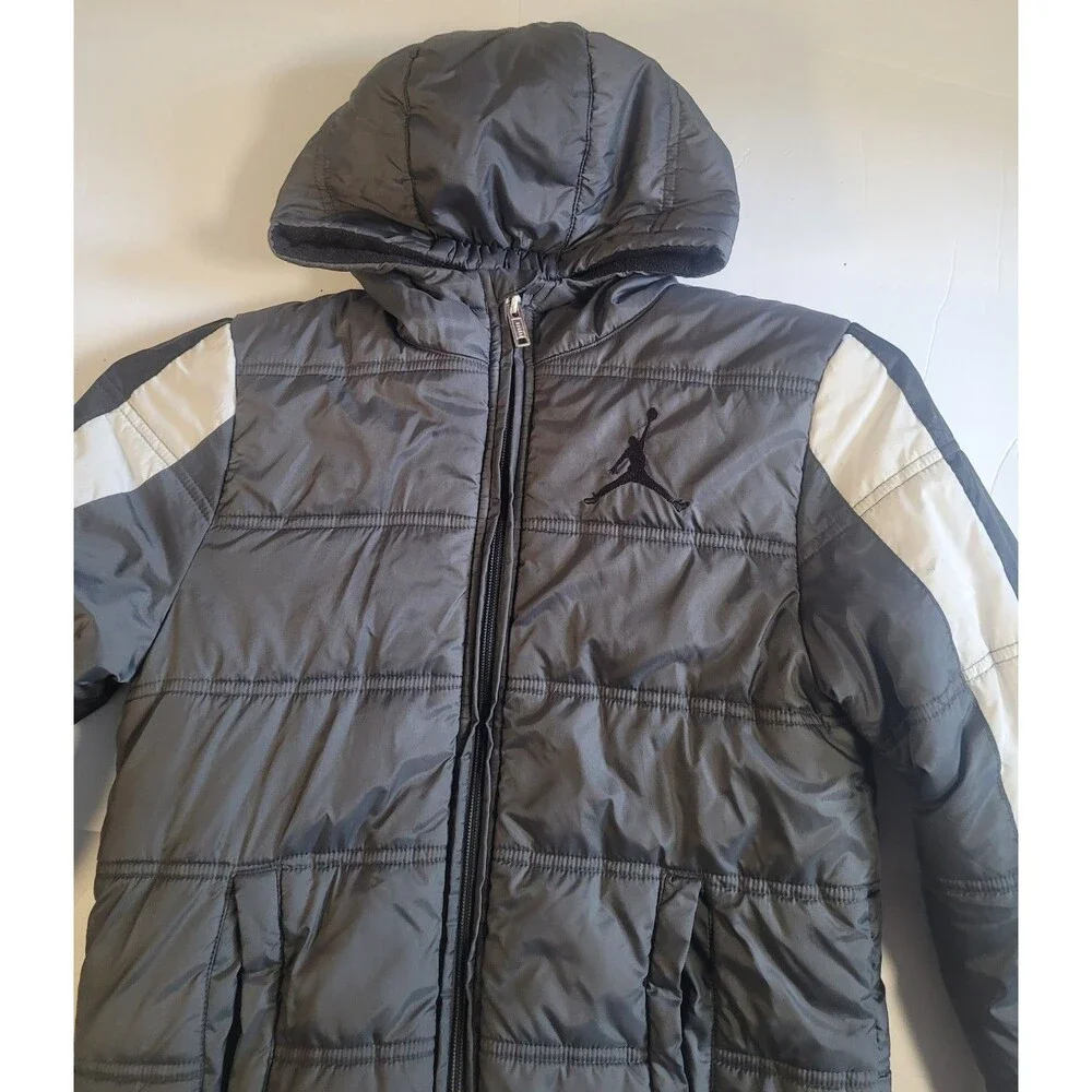 Jordan Puffer Jacket Youth Medium 10–12 Gray with black White Sleeve Stripes